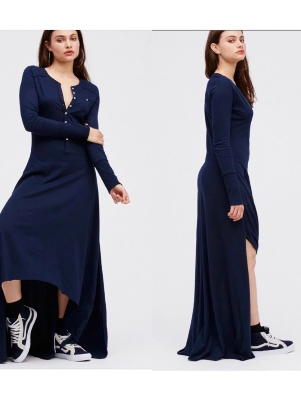 Free People Beach Legacy Henley Navy Blue Maxi Hi Low Dress